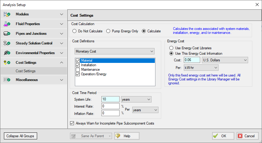 The Cost Settings window with general cost calculation information defined.